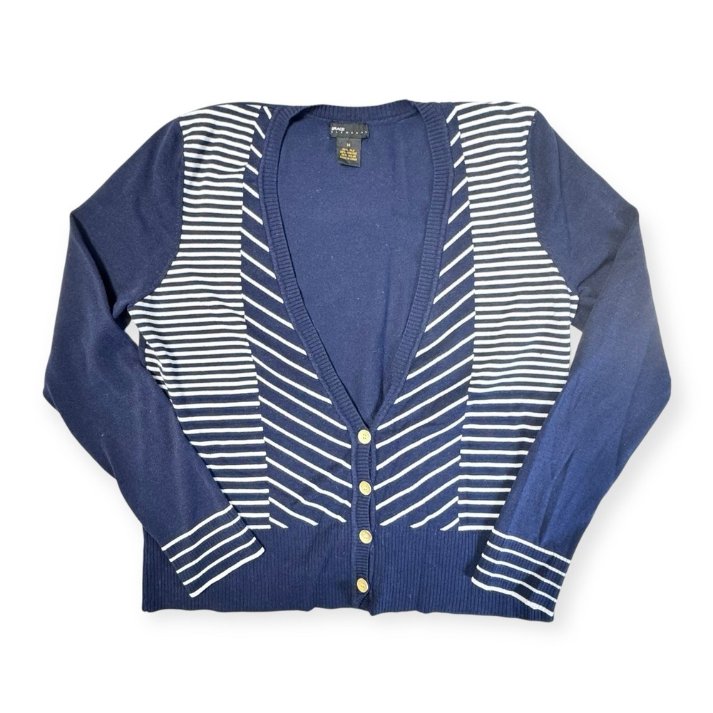 Grace Elements Button Up Cardigan Sweater Women's SzM Navy Blue w/ White Stripes - Picture 2 of 8